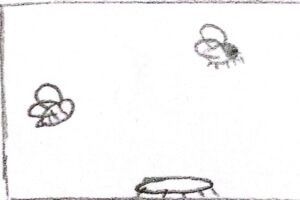 Eruga acompanyada d'una mosca i abella.
